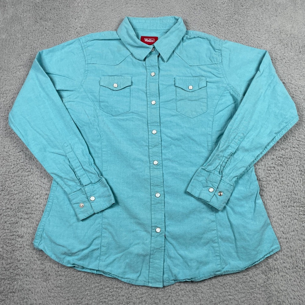 Walls Western Pearl Snap Shirt Mens Large Turquoise Blue Long Sleeve Cotton